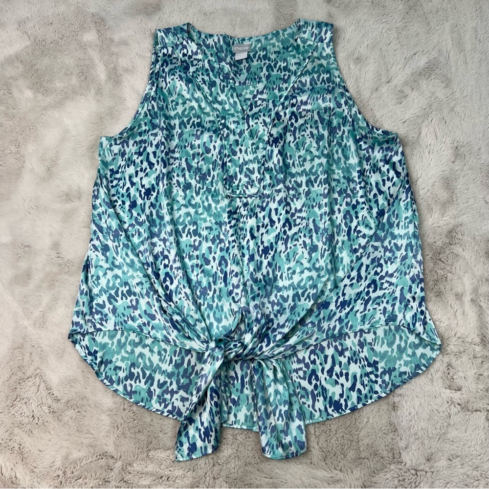 Chicos Coastal Animal Print Satin Top Blouse Plus Size 3 Skylight Blue Front Tie - Picture 2 of 9